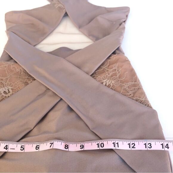 Michael Costello x REVOLVE Philip Midi Dress in Taupe Bodycon Lace Trim Halter - Picture 13 of 14